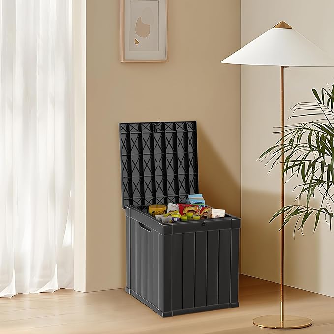 48 Gallon Outdoor Storage Box, Waterproof Resin Deck Box for Patio, Pool, and Garden, Lockable Bin for Cushions, Tools, and Accessories, UV-Resistant, Black