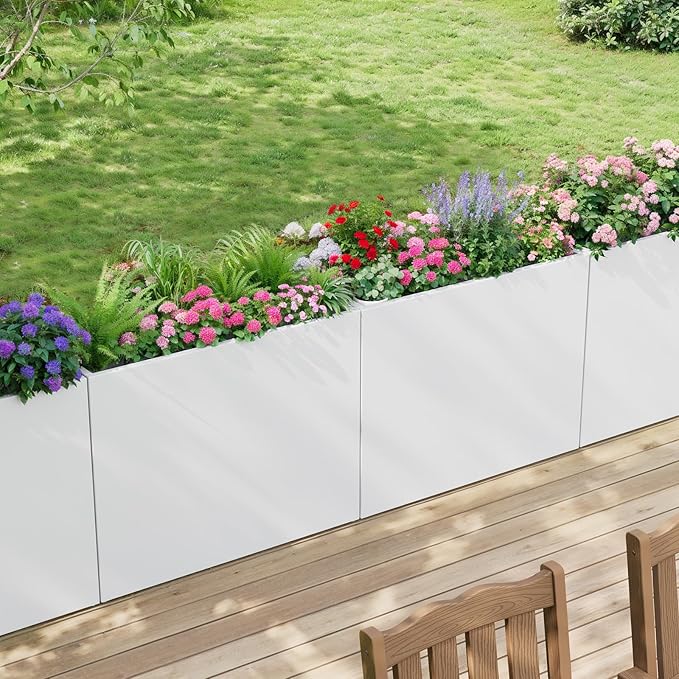 Stoog 38" Large Planters for Outdoor Plants Set of 2, All-Weather Rectangular Metal Planter Box with Removable Insert Shelf, Ideal for Plants, Flowers, Vegetables, Garden, White