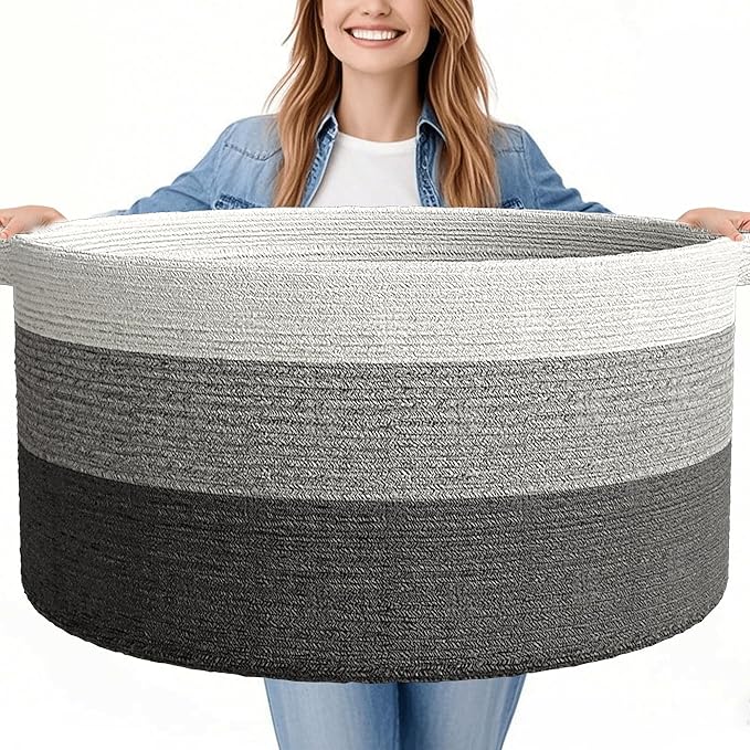 125L Extra Large Blanket Basket, 25" x 16", Jumbo Laundry Woven Baskets Decorative Home, Cotton Rope Basket with Handles, Baby Toy Baskets for Storage, Gradual Gray, 2PC