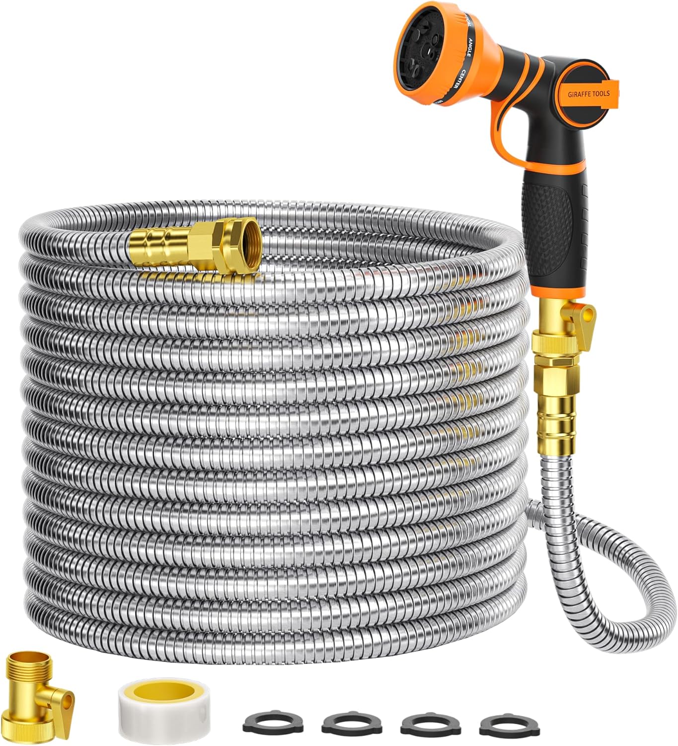 Girafe Tools Garden Hose 100ft x 5/8", 304 Stainless Steel Metal Water Hose, No Kink Garden Water Hose with 9 Pattern Spray Nozzle, Flexible, Lightweight, Kink Free Hose for Yard, Outdoor