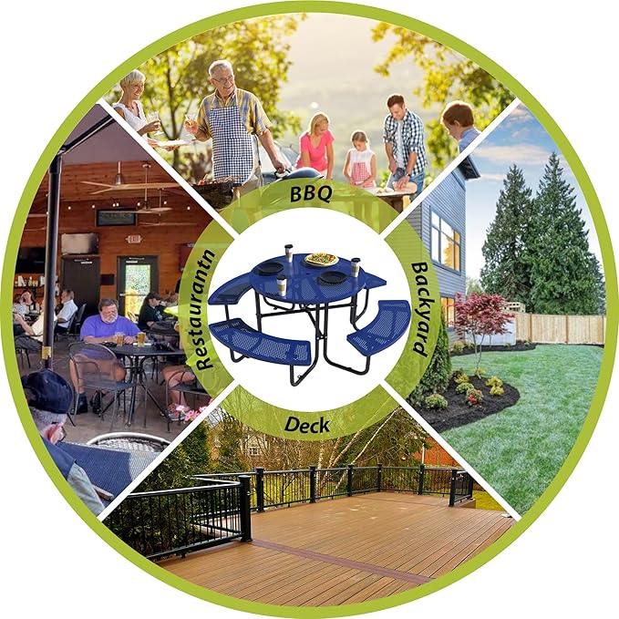 46'' Steel Round Picnic Table for Outdoors, Expanded, Lifetime Picnic Table with Umbrella Hole, Heavy Duty Sturdy Commercial Picnic Tables for Garden Courtyard BBQ, Blue