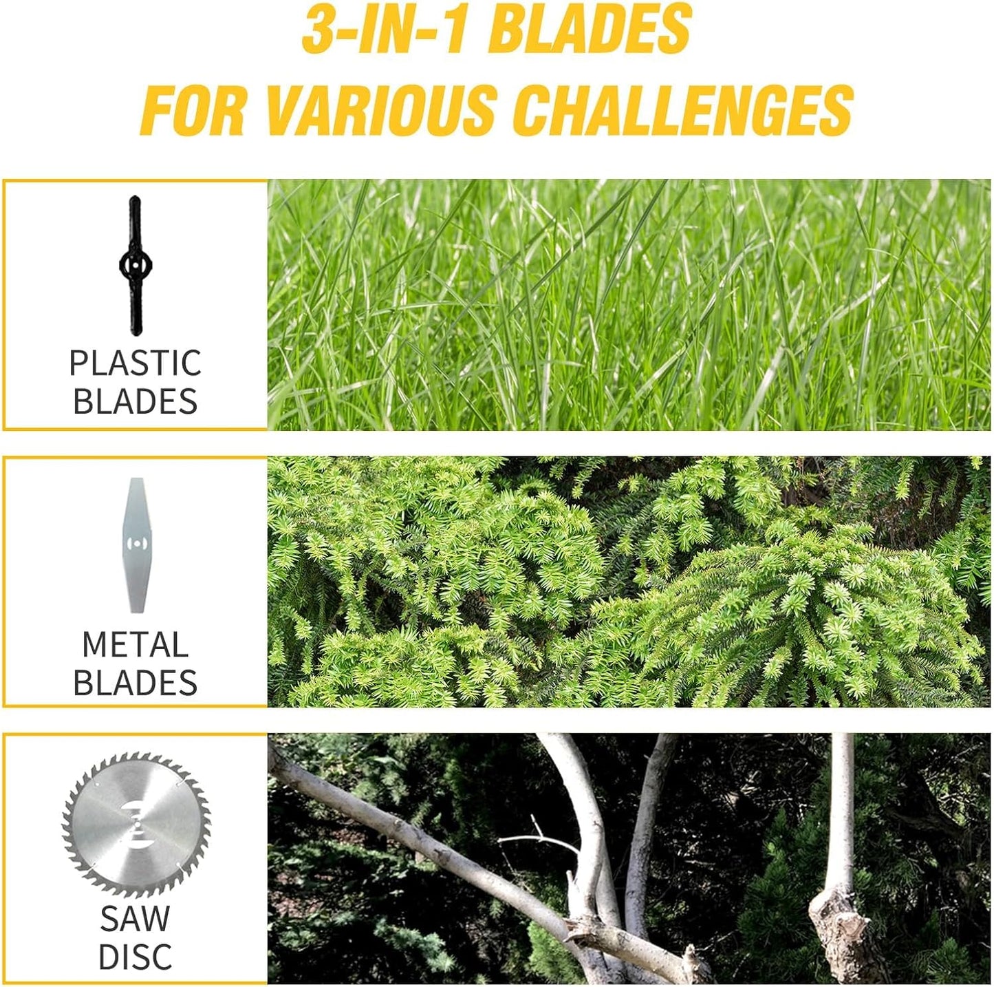 21V Electric Weed Wacker Cordless Grass Trimmer with 2x2000mAh Batteries & Fast Charger, 3 in 1 Stringless Lightweight Brush Cutter/Edger/Mower with 3 Types Blade & Wheels for Garden and Yard Lawn