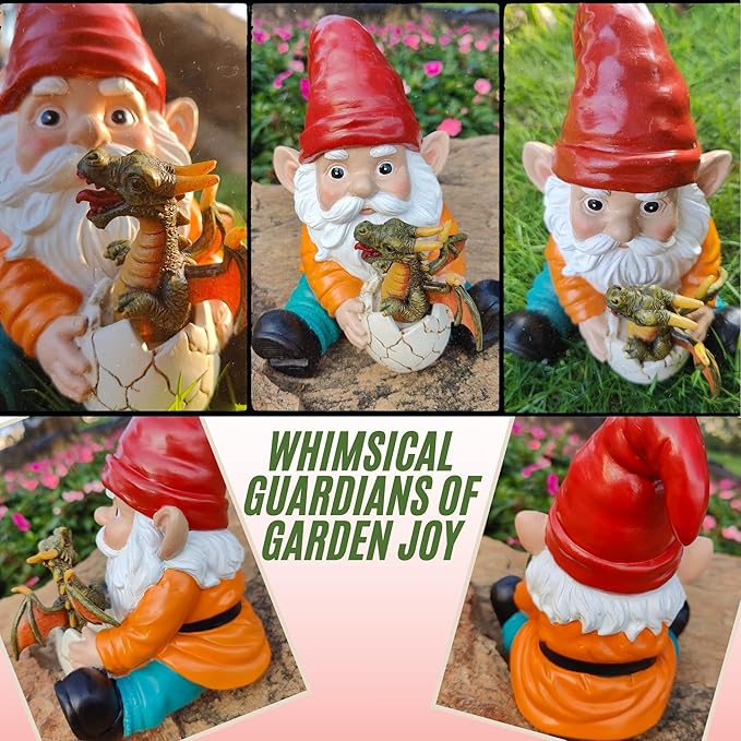 Fantasy Dragon Gnome Garden Statue - 6.8" Weatherproof Resin Garden Gnome with Baby Dragon, Unique Outdoor & Indoor Decor, Handcrafted Yard Art, for Fantasy Lovers & Gardeners