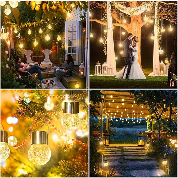MAXvolador 12-Pack Hanging Solar Lights, Decorative Cracked Glass Ball Light, Solar Powered Waterproof Globe Lighting for Garden, Tree(Warm White)