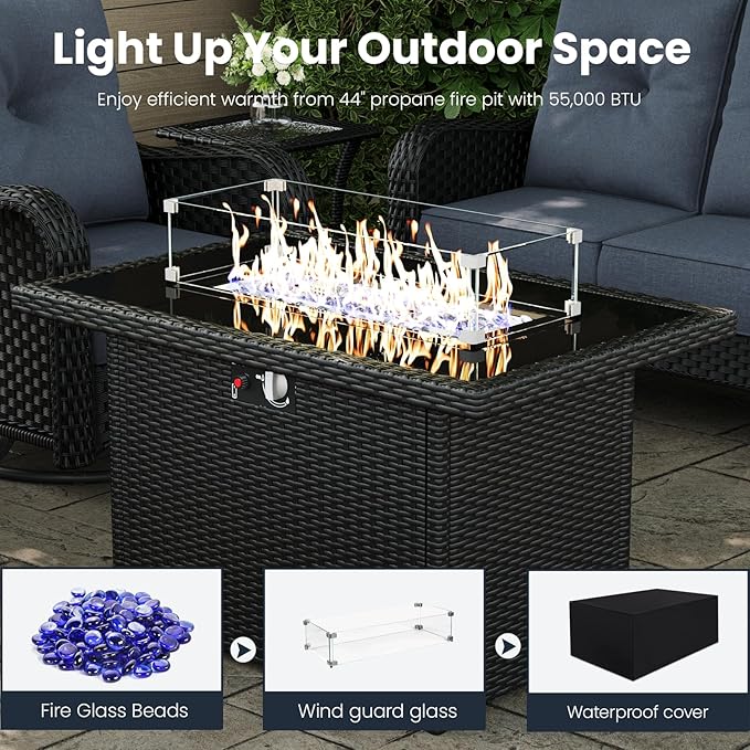 8 Pieces Outdoor Patio Furniture Sets with Rocking Swivel Chairs with 6-inch Thick Cushion and Fire Pit Table for Deck Lawn