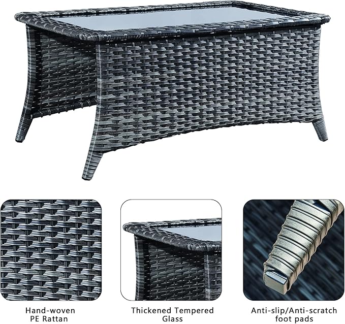 Patio Tables Wicker Coffee Table - Outdoor Rattan Coffee Tables with Glass Top for Patio Proch Deck Balcony Rectangle Mixed Grey