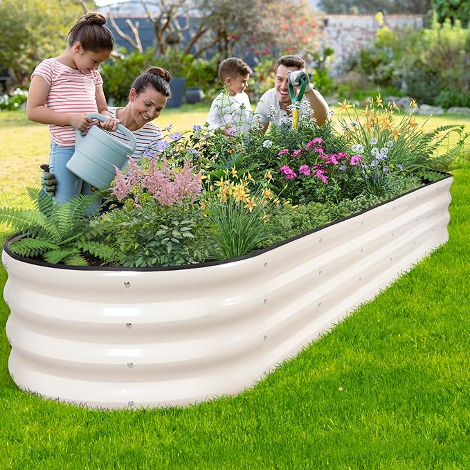 Galvanized Raised Garden Bed - 8×2×1ft Planter Raised Beds for Gardening | Oval Metal Garden Planter Box with Safety Edging and Bracing Rods for Vegetables Fruits and Flowers (White)