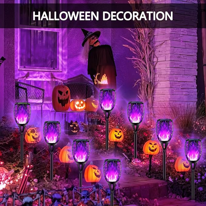 4PCs Halloween Solar Torch Lights Outdoor, 43in 96 LED, Waterproof Landscape Garden Pathway Light with Purple Vivid Dancing Flickering Flames, Auto On/Off Dusk to Dawn for Halloween Lights Decoration