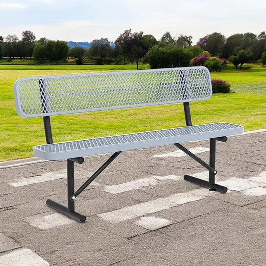 Heavy Duty Park Bench with Back Portable Frame, Outdoor Steel Bench with Backrest, Outdoor Park Bench Expanded Metal Mesh Bench for Lawn, Park, Deck, Garden, Patio, Porch, Black (Gray, 6FT)