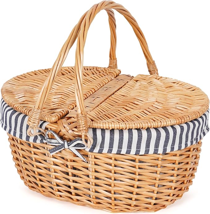 Happypicnic Wicker Picnic Basket with Handle, 15" Large Empty Picnic Basket with Lid & Removable Liner, Vintage Hand Woven Basket for Picnics, Camping, Veg Picking, Mother'S Day, Thanksgiving (Stripe)