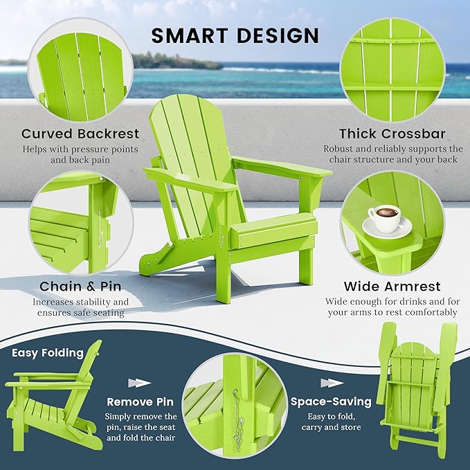 Westin Outdoors Laguna WO Home Outdoor Adirondack Folding Chair Lounger Seat Traditional Retro Home Furniture for Beach, Balcony, Backyard, Lawn, Patio, Pool, Deck, Garden (Lime Green)