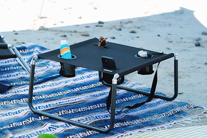 Neso Portable Beach Table with Cup Holders, Cell Phone Pockets, Lightweight for Picnics and Parks (Black)