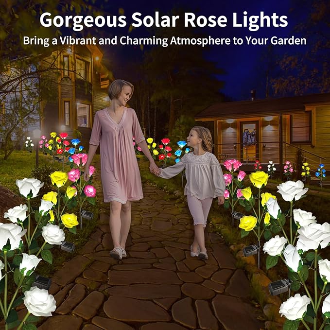Solar Garden Lights, Solar Outdoor Lights with More Realistic 10 Rose Waterproof Solar Powered Flowers Lights for Outside Patio Yard Pathway Decorations, 2 Pack White