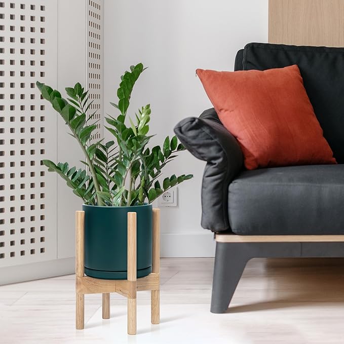 D'vine Dev Ceramic Planter with Natural Stand - 8 Inch Modern Round Flower Pot with Wood Planter Holder, Teal, 55-B-N-4