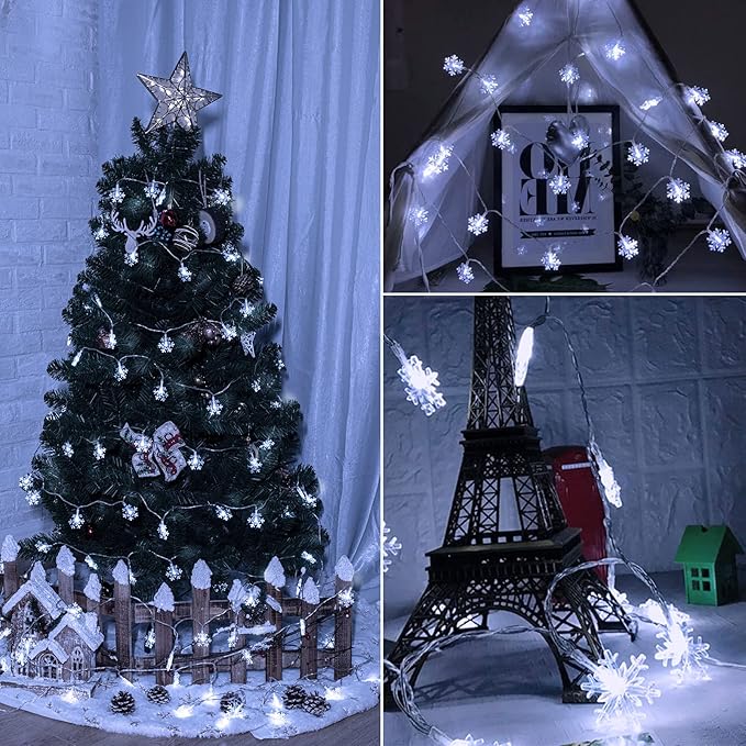 Brightown Solar Christmas Snowflake String Lights 2-Pack 100 LED 66FT Outdoor Waterproof Fairy Lights with 8 Lighting Modes for Wedding, Party, Tree, Room, Garden, Patio, Yard, Home(Pure White)