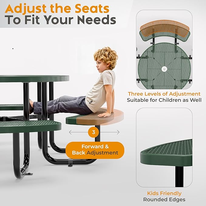 Metal Picnic Tables for Outdoors with Umbrella Hole - Coated Steel Heavy Duty Commercial Grade Table with Adjustable Seats (Green, 46 in, Round, Expanded Steel)