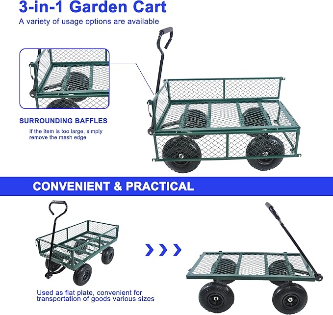 Heavy Duty 400 Lbs Capacity Mesh Steel Garden Cart Folding Utility Wagon with Removable Sides Multi-Purpose