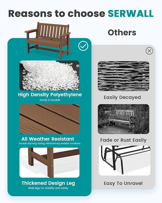 SERWALL Outdoor Bench, HDPE Outdoor Benches Weatherproof, 2-Person Garden Bench with 660 lbs Weight Capacity, Patio Benches for Outdoors, Garden, Porch, Backyard and Park, Brown, 6 Pack