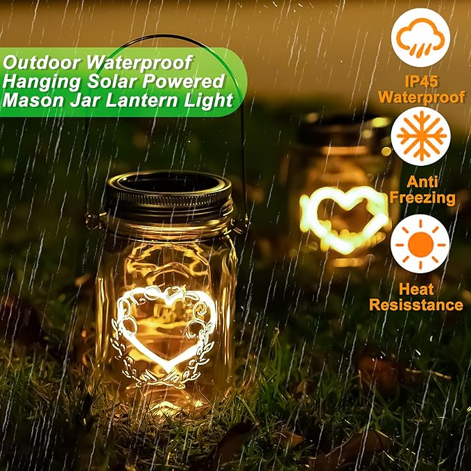 Hanging Solar Mason Jar Lights, 2 Pack Warm Heart Shape Led Lights, Solar Powered Lanterns Outdoor Waterproof, Hangers and Jars Included, Gift for Lover, Home Party Wedding Garden Patio Decor (2)