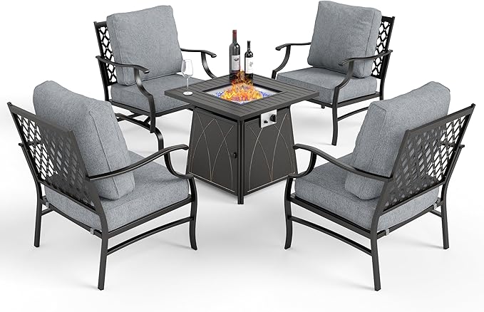 Patio Furniture Set with Fire Pit Table, 5 Pcs Metal Outdoor Conversation Set, 4 Single Chairs with 5.75" Extra Thick Cushion and 28" Fire Pit Table for Backyard Deck, Grey