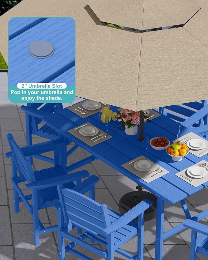 Patio Dining Set for 6 with Umbrella Hole - 66" Outdoor Table & 6 Chairs, All-Weather HDPE Outdoor Furniture for Lawn, Garden, Backyard, Poolside, Navy