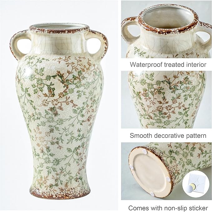 Enra Farmhouse Vintage vase with Handle,12.6 in Ceramic Chinoiserie Floral Vase,Green and Beige Decorative Flower vase,Large Rustic Vases for Home Decors, Living Room, Bookshelf, Office