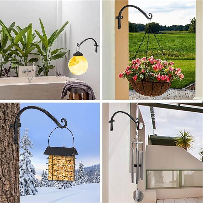 FEED GARDEN 2 Pack 12 Inch Hanging Plant Bracket Wall Hooks Decorative Plant Hangers for Outdoor Hanging Bird Feeders, Wind Chimes, Plant Baskets, Black