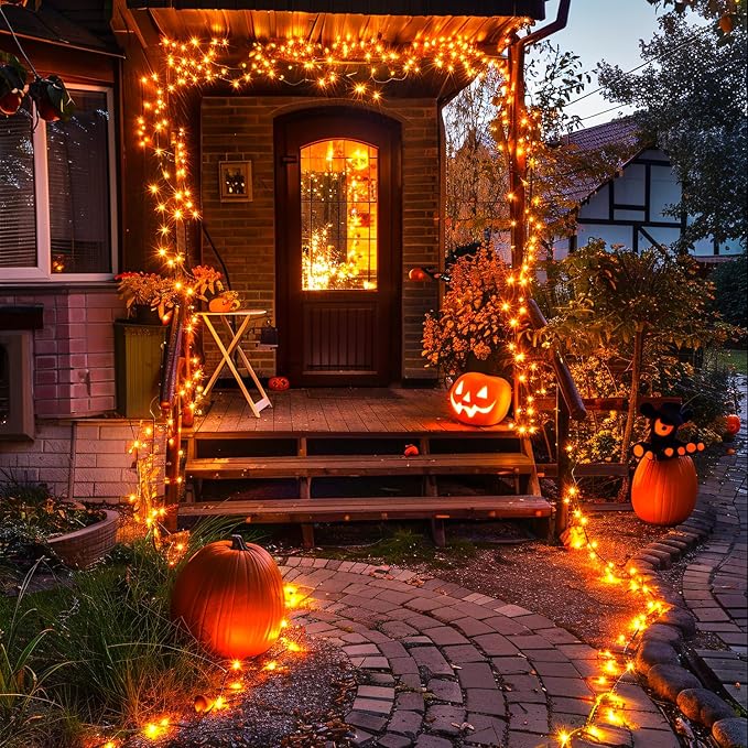 JMEXSUSS 2 Pack Orange Halloween Lights: 100 LED 33ft Solar Halloween Lights Outdoor Waterproof - 8 Modes Orange Lights for Halloween Outside Tree Gardens Party
