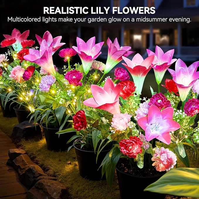 Solar Flowers Lights Outdoor Waterproof, 2 Pack 2 in 1 Solar Lily Flowers Bouquet for Garden Decor, Multi LED Color Changing Garden Lights Outdoor for Pathway Yard Patio Decoration