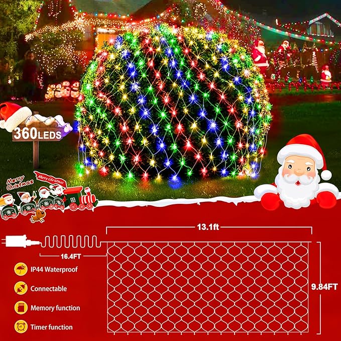 KNONEW Christmas Net Lights 360 LEDs 13ft x 9.8ft Outdoor Mesh Lights Connectable Waterproof 8 Modes & Timer Plug-in Net Fairy Lights for Bushes Garden Party Wedding Holiday,Multicolor