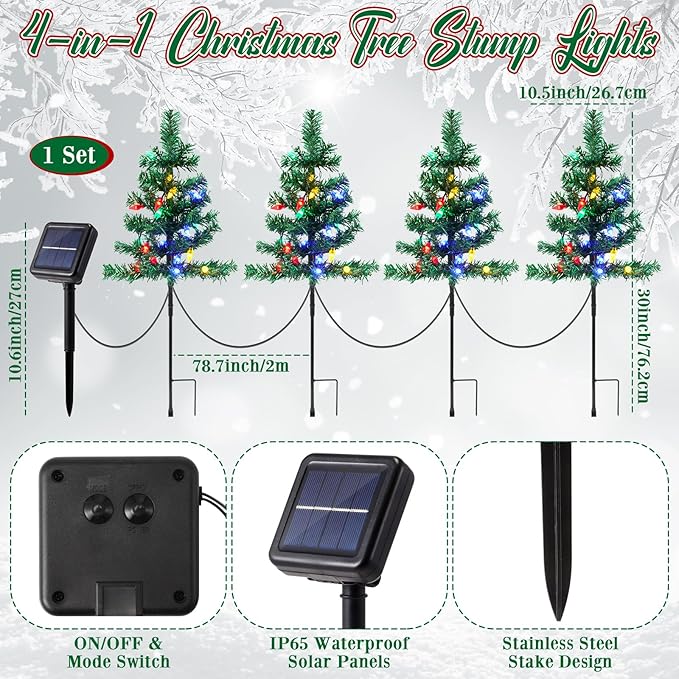 4 Pcs Solar Christmas Tree Outdoor Christmas Decorations 30 Inch Prelit Waterproof Xmas Tree Yard Stake Lights with 80 LED for Yard Pathway Cemetery Patio Christmas Garden Outside Decor