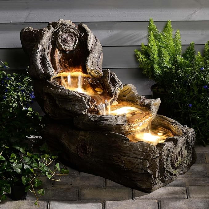 31.5" L Garden Water Fountain Outdoor, Artifical Imitation Wood Outdoor Water Fountain Natural Waterfall with LED Lights for Patio,Porch,Backyard,Home Art Decor（Resin）