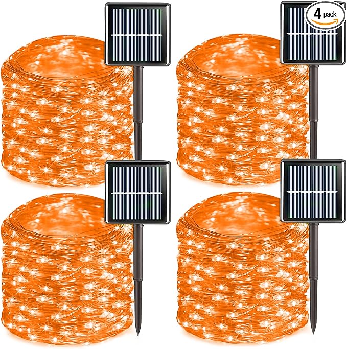 QITONG 4 Pack Orange Solar Fairy Lights, Each 33ft 100 LED Solar Christmas Lights Outdoor Waterproof, 8 Modes Christmas String Lights