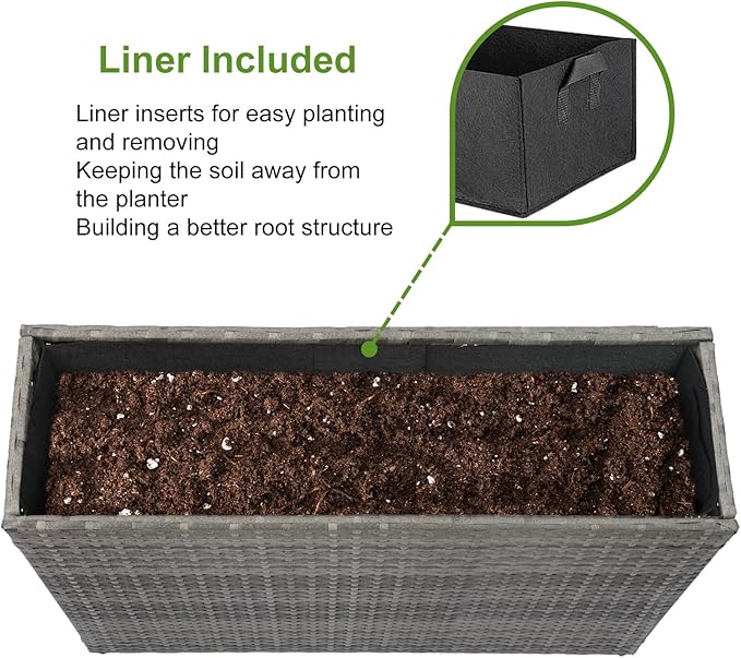 LEWIS&WAYNE Large Rectangular Block Planter Box Handmade Wicker Tall Planters for Outdoor Plants with Removable Liners Modern Planter for Indoor Outdoor Patio Deck - Gray, 38''x11''x30''
