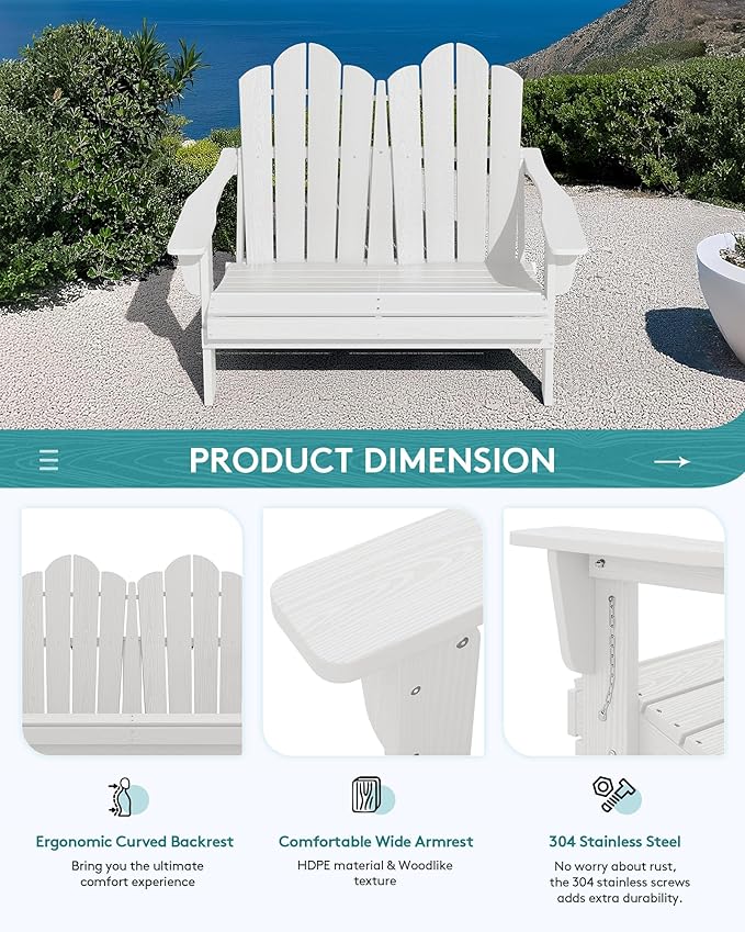 SERWALL Folding Adirondack Bench, HDPE All-Weather Adirondack Loveseat, 660 lbs Capacity, Foldable Outdoor Patio Bench for Deck, Lawn, Garden, White