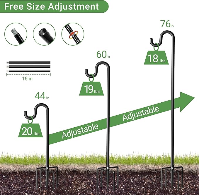 76" Shepherds Hooks for Outdoor, Extra Thick Bird Feeder Pole with 5 Prong Base, Adjustable Shepards Hook for Garden, Weddings, Hanging Plant
