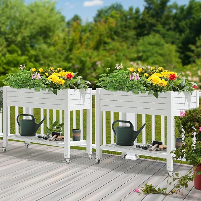 YITAHOME 43.3x17.7x34 in Elevated Garden Bed, Outdoor Plastic Planter Box with Wheels, Legs, Drain Plug, and Storage Shelf for Plants, Vegetables, Flowers, Herbs, Grayish-White