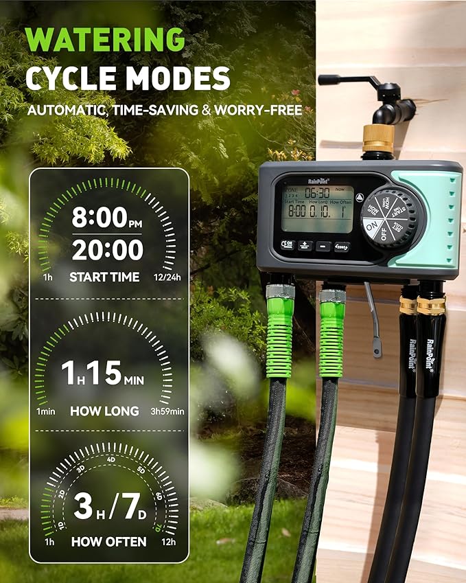 RAINPOINT Sprinkler Timer, 4 Outlets Hose Timer with Brass Inlet with Rain Delay/Manual/Automatic Controller System, Programmable Digital for Lawn Yard, 4 Zone
