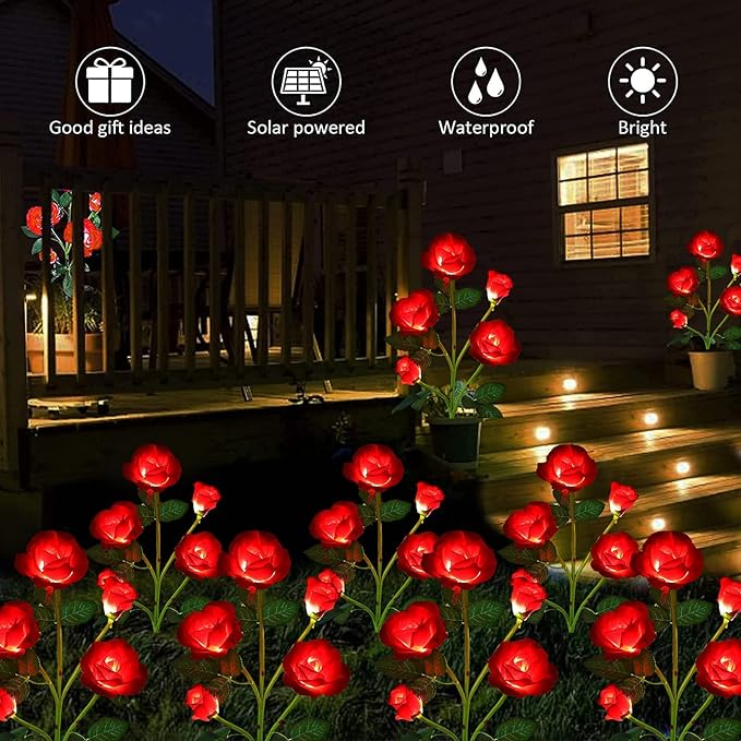 ANGMLN 2 Pack Solar Garden Lights, Solar Flower Lights Outdoor Waterproof with 10 Head Red Rose 7-Color Changing Landscape Light for Pathway Garden Patio Yard Valentine's Day Christmas Decoration