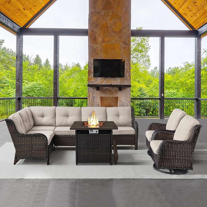 Outdoor Sectional Sofa Furniture Set with Propane Fire Pit Table, Wicker Patio Conversation Set with 2 Swivel Glider Rocker Chairs Beige Cushion Perfect for Backyard Casual Gathering