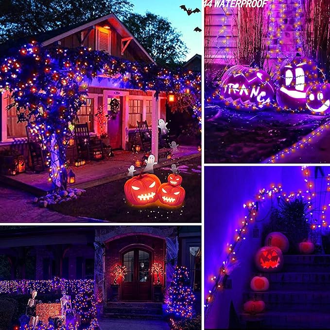 2 Pack 400 LED Solar String Lights, 8 Modes Solar String Lights for Outside, Waterproof and Solar Powered Outdoor String Lights for Holiday Christmas Yard Garden Tree Wedding Party (Orange Purple)