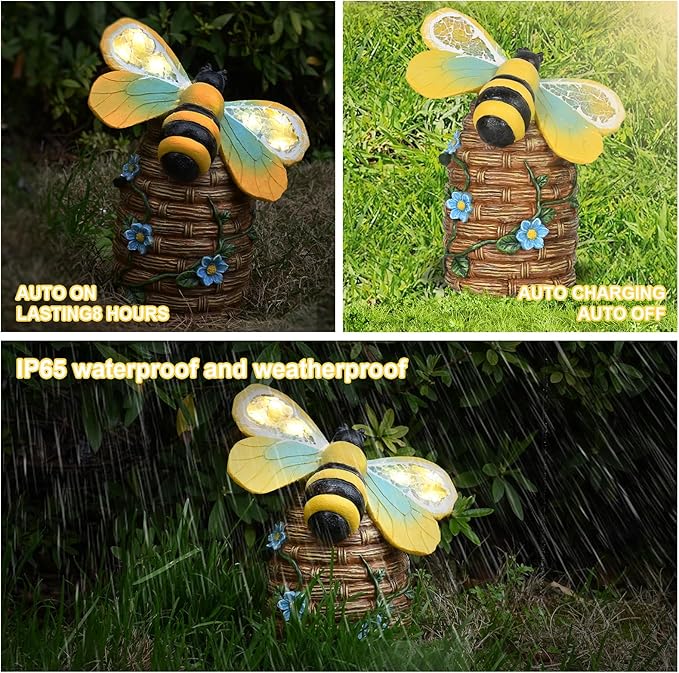 Garden Statue Bee Decor-Outdoor Statue Bees Decorations-Solar Garden Light Bumble bee Figurine Patio,Balcony,Yard,Lawn Ornament Mom Gift