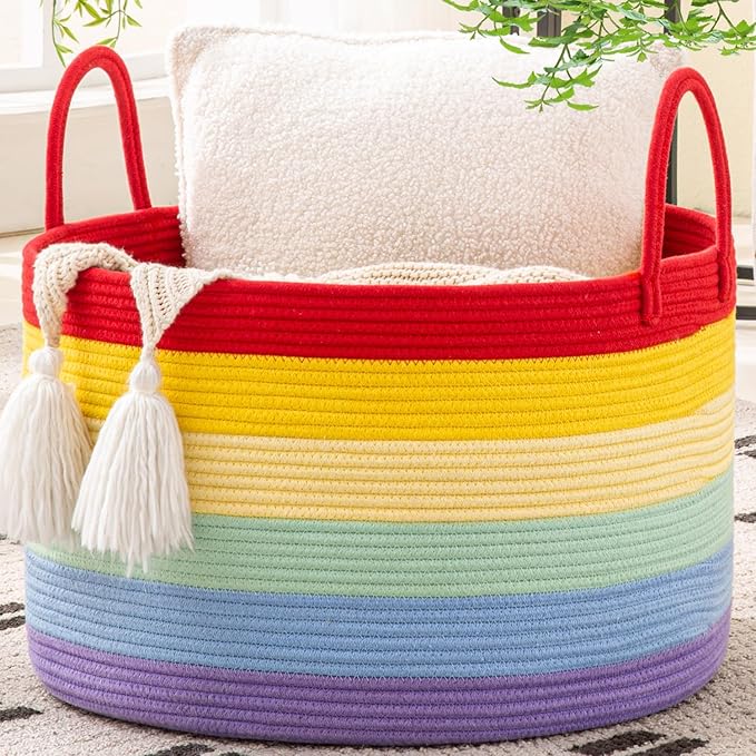 KAKAMAY Large Blanket Basket (20"x13"),Woven Baskets for storage Baby Laundry Hamper, Cotton Rope Blanket Basket for Living Room, Laundry, Nursery, Pillows, Baby Toy chest (Rainbow)