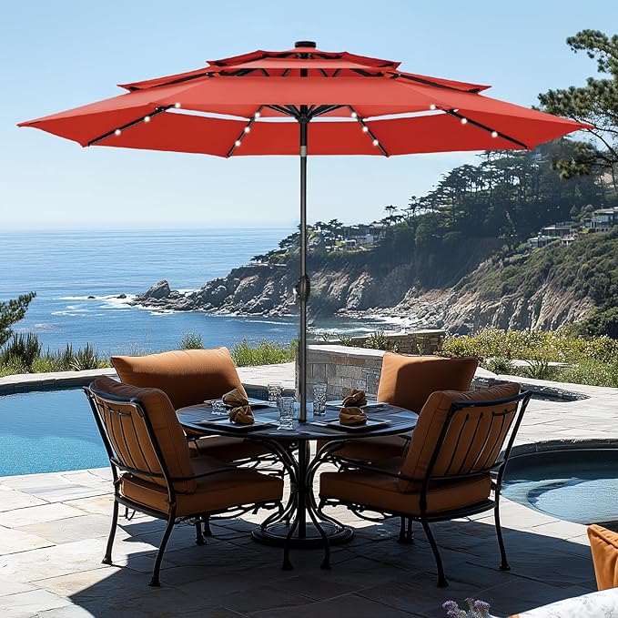 GREEN PARTY 10ft Outdoor Patio Umbrella, Auto-Tilt Market Table Umbrellas with Crank, 8 Sturdy Ribs & 1.5" Pole UV Protection for Garden Deck Backyard Pool