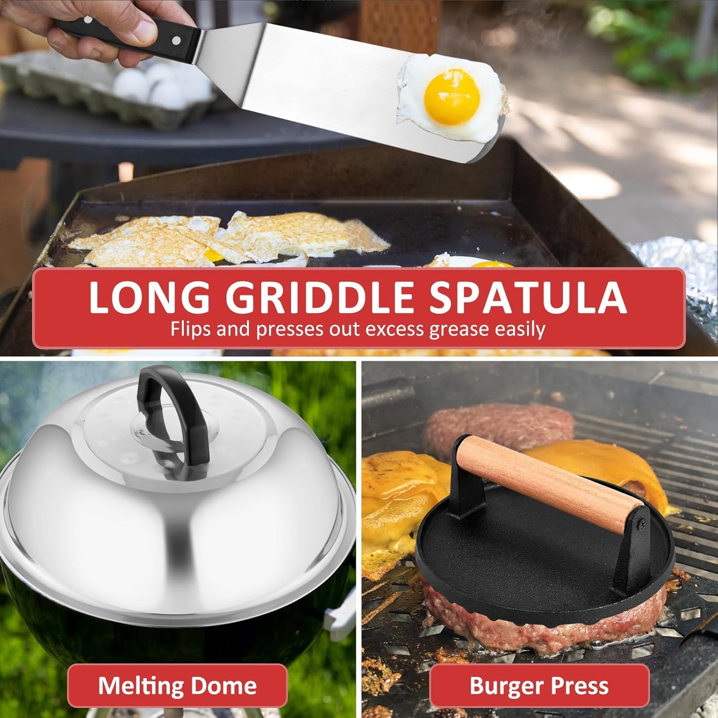 Griddle Accessories Set of 25, Leonyo Grill Accessories for Outdoor, Commercial BBQ Tools Grilling Smash Burger Press Kit with Enlarged Metal Spatulas Scraper for Flat Top Grill, Hibachi, ABS Handle