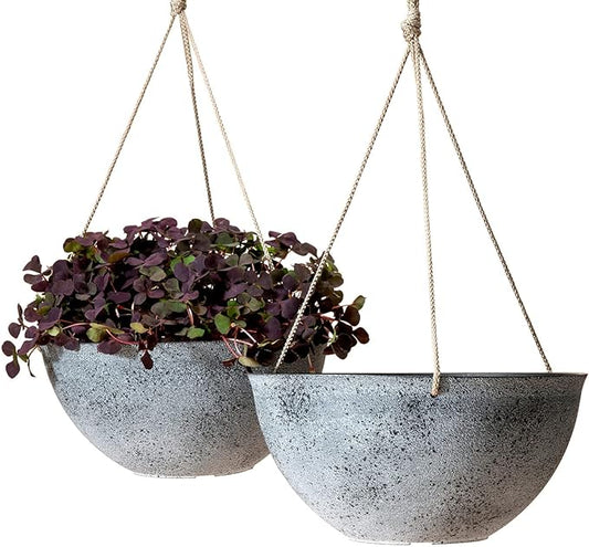 LA JOLIE MUSE Large Hanging Planters for Outdoor Plants - 13 Inch Hanging Flower Pots with Drainage Holes, Set of 2, Rock Grey