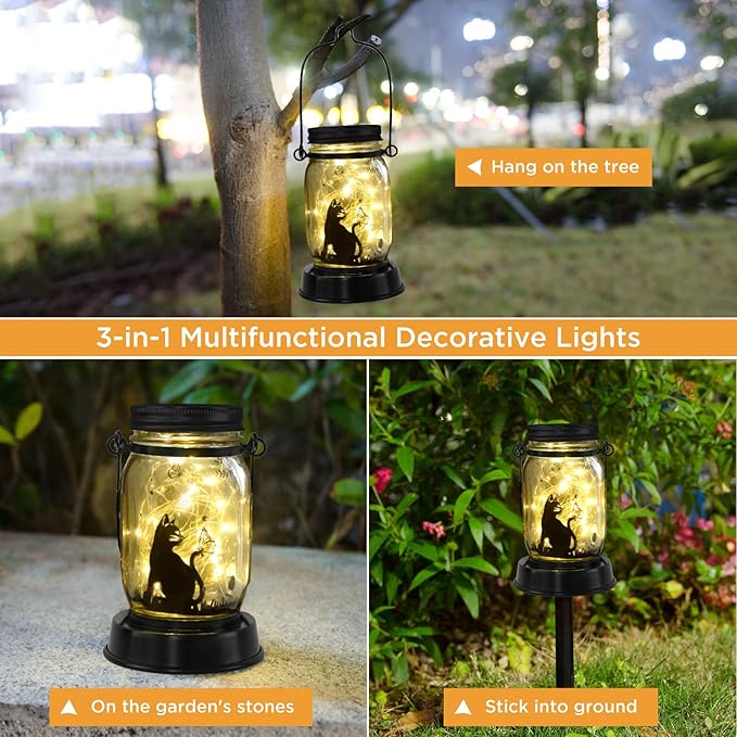 Christmas Garden Decor Cat Lover Gifts Cat Solar Lights, Christmas Gift for Mother/Grandma/Women,Cat Garden Gift, Yard Cat Gift, Lantern Decor, Patio Outdoor Waterproof Cat Solar Lanterns
