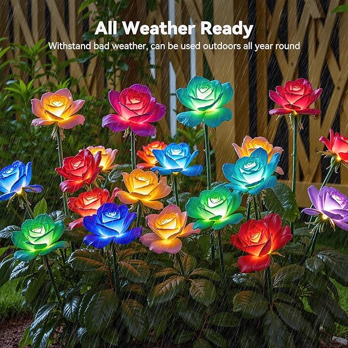 KOOPER 6 Pack Solar Lights Outdoor Garden Decor, 7 Color Changing Solar Flowers Outdoor Waterproof with 30 Bigger & Realistic Rose, Enlarged Size Panel for Patio Yard Garden Cemetery Decoration, Gifts