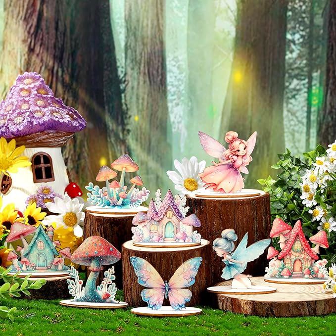 16 Pcs Fairy Party Decorations Wooden Fairies Centerpieces Table Topper Vintage Fairies Mushroom Butterfly Decorations for Home Table Woodland Forest Birthday Party Decor