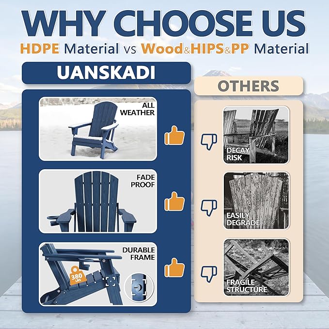 Folding Adirondack Chair Set of 4 with Cup Holder, HDPE All Weather Resistant Plastic Outdoor Patio Chairs, Heavy Duty Fire Pit Seating for Backyard Lawn Garden, Wooden Textured Design(Navy Blue)